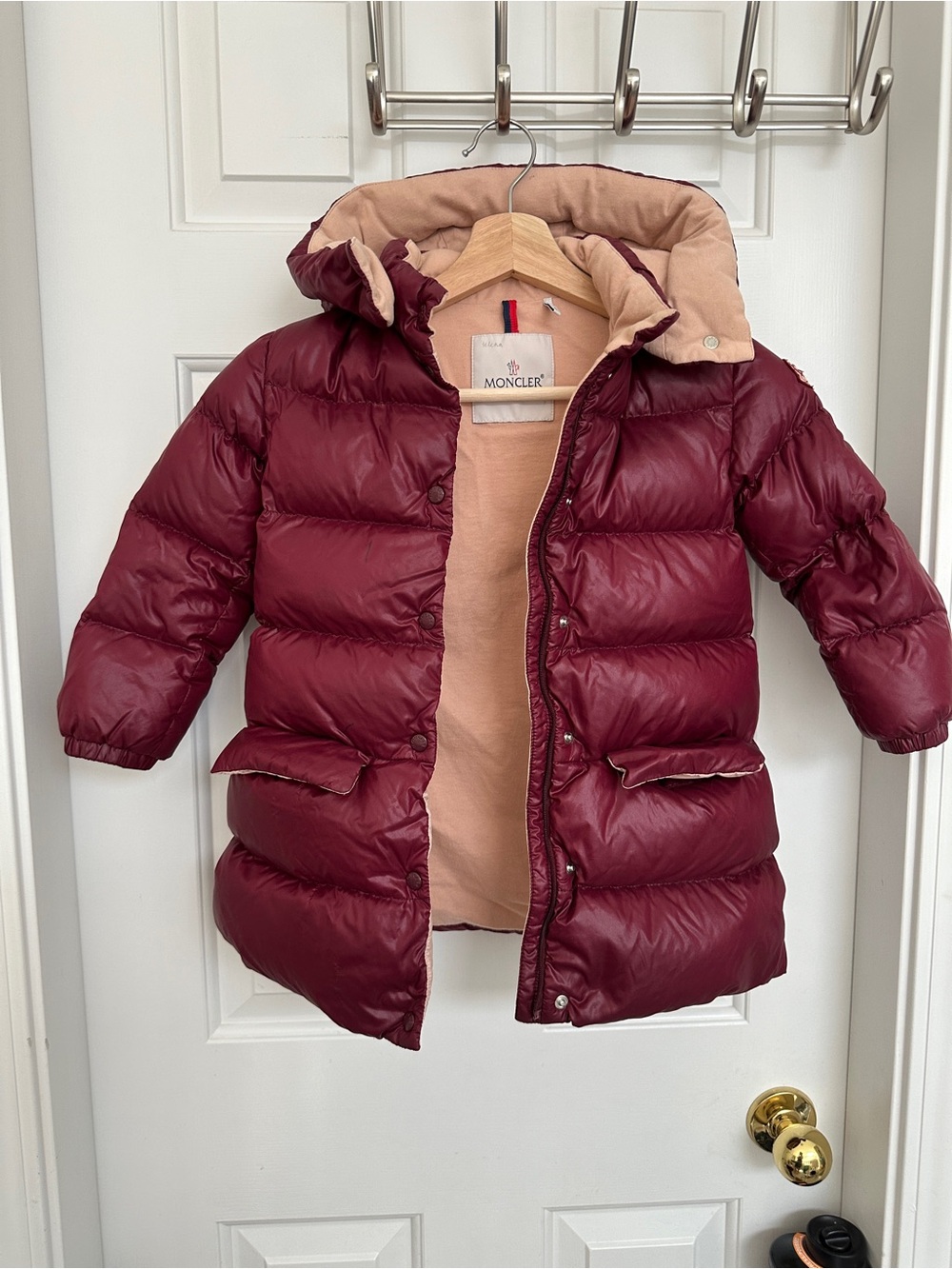 Moncler Kids Burgundy Puffer Jacket with Beige Hood Lining